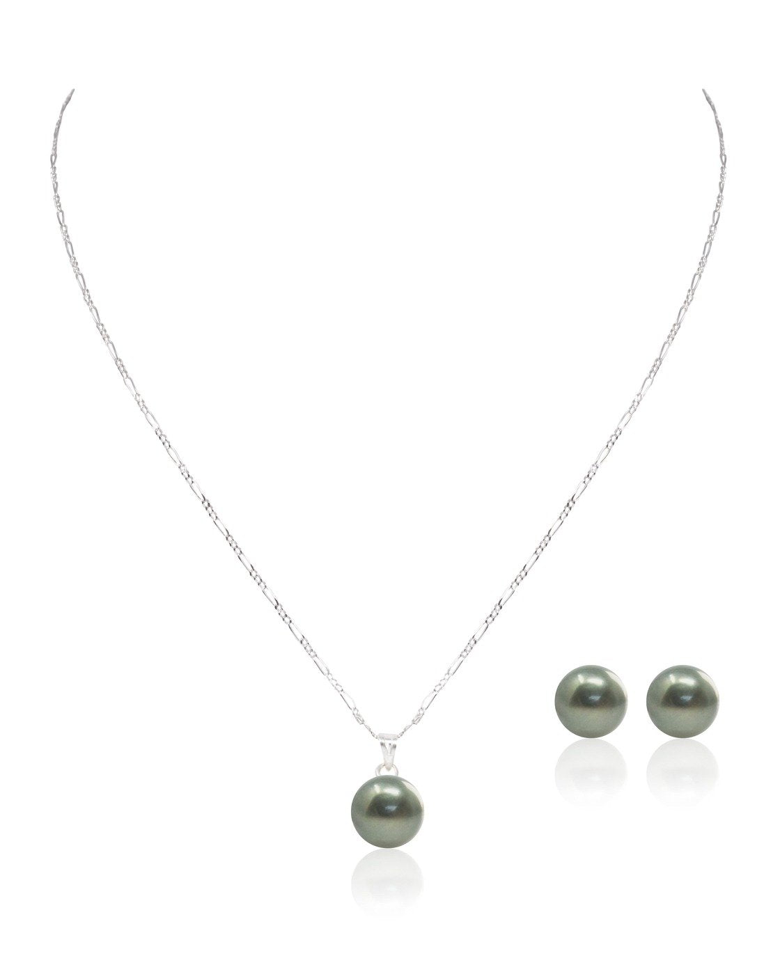 Juego de Aretes y Dije de Perla Cultivada Verde Militar de 9-10mm con cadena de Plata .925 Ley