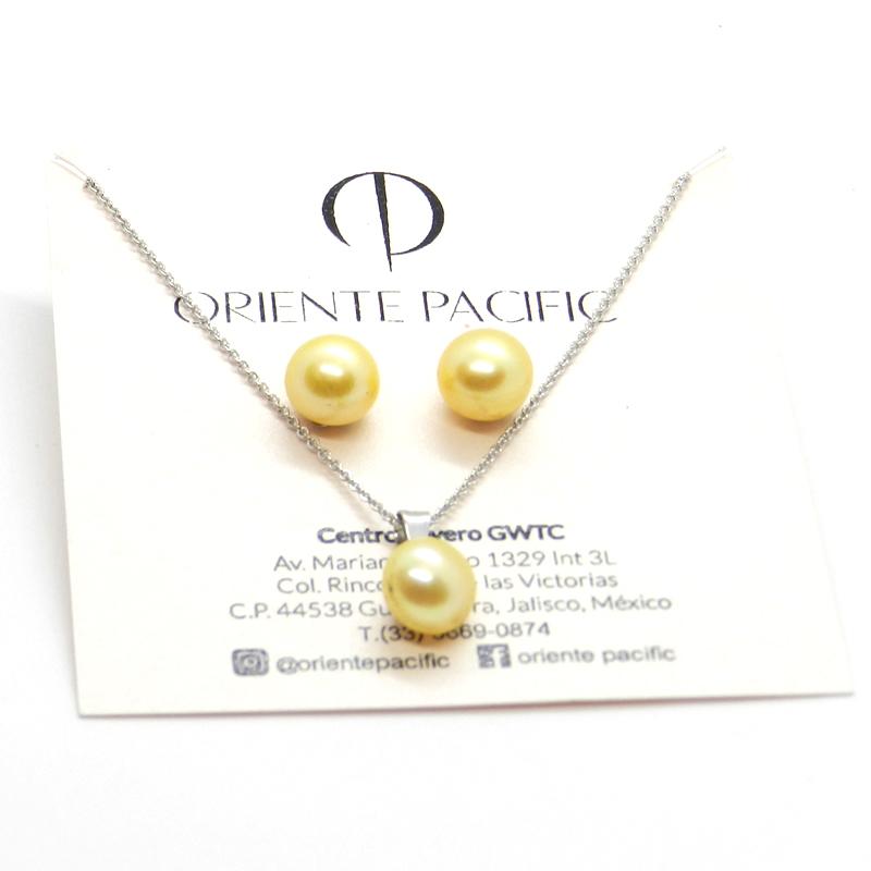 Juego de Aretes y Dije de Perla Cultivada AAA amarilla de 9-10mm con cadena de Plata .925 Ley