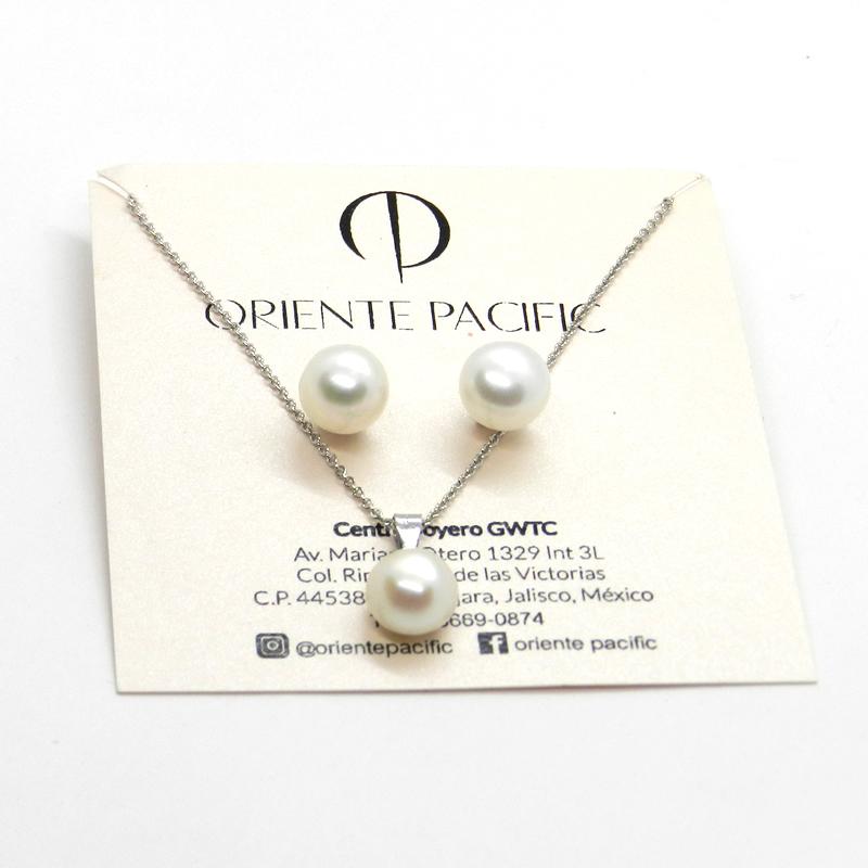 Juego de Aretes y Dije de Perla Cultivada AAA blanca de 9-10mm con cadena de Plata .925 Ley