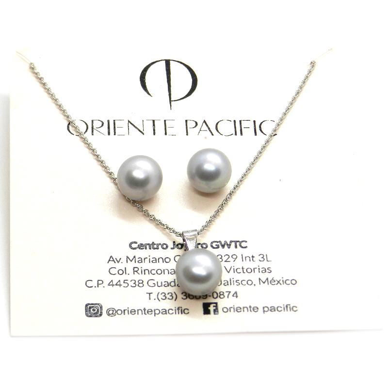 Juego de Aretes y Dije de Perla Cultivada AAA Gris de 9-10mm con cadena de Plata .925 Ley