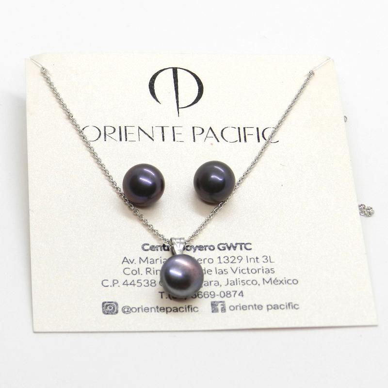 Juego de Aretes y Dije de Perla Cultivada AAA Tornasol Negra de 9-10mm con cadena de Plata .925 Ley