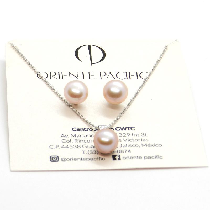 Juego de Aretes y Dije de Perla Cultivada AAA Rosa de 9-10mm con cadena de Plata .925 Ley