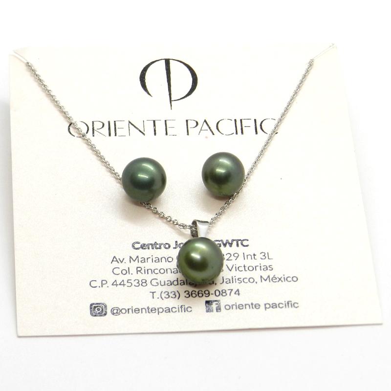 Juego de Aretes y Dije de Perla Cultivada Verde Militar de 9-10mm con cadena de Plata .925 Ley