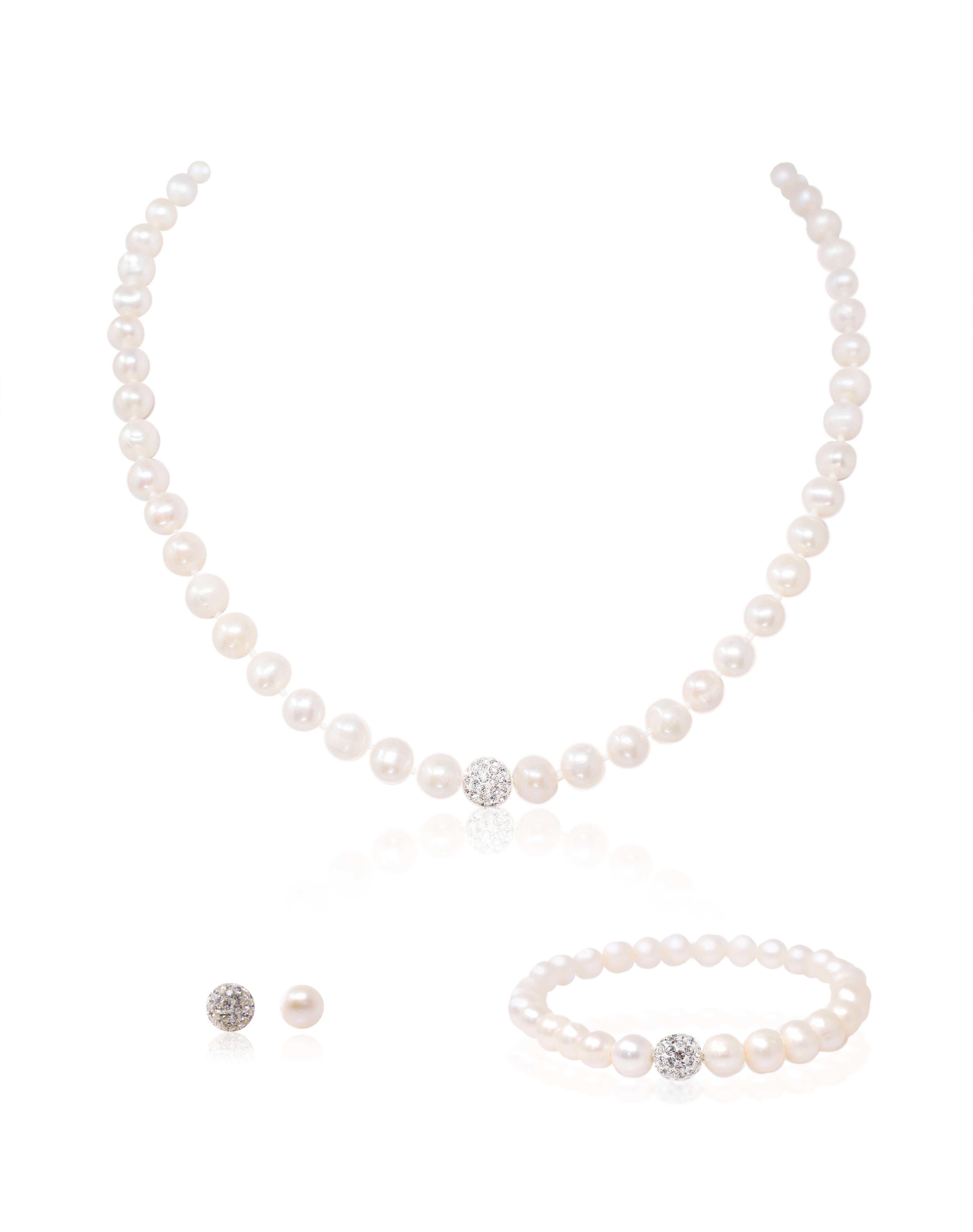 Juego de Collar y Pulsera de Perlas Cultivadas con Broqueles de Perlas y Cristales en Plata .925
