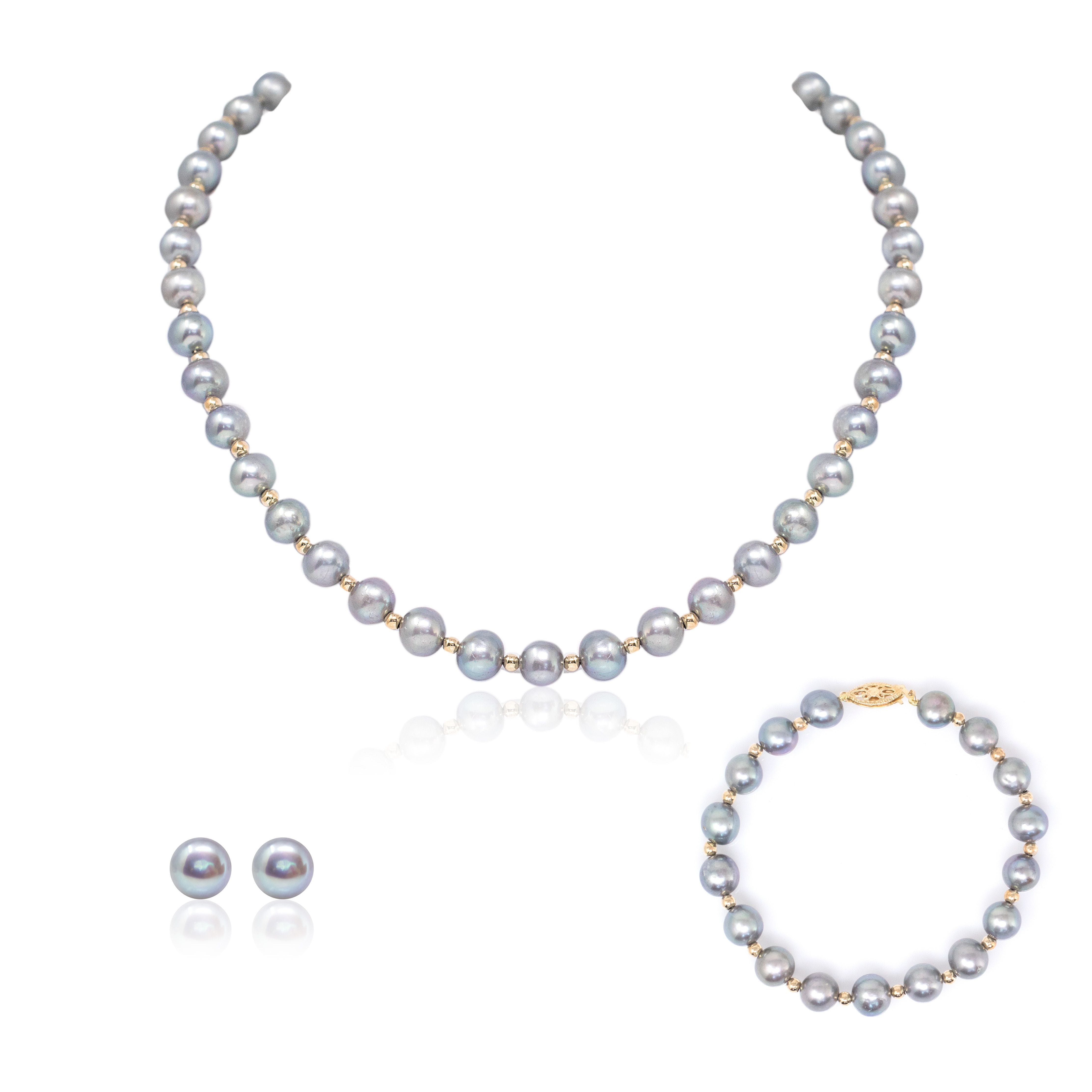 Juego de Collar, Pulsera y Broqueles de Perla Cultivada Gris con Cuentas y Broche en Oro de 14K