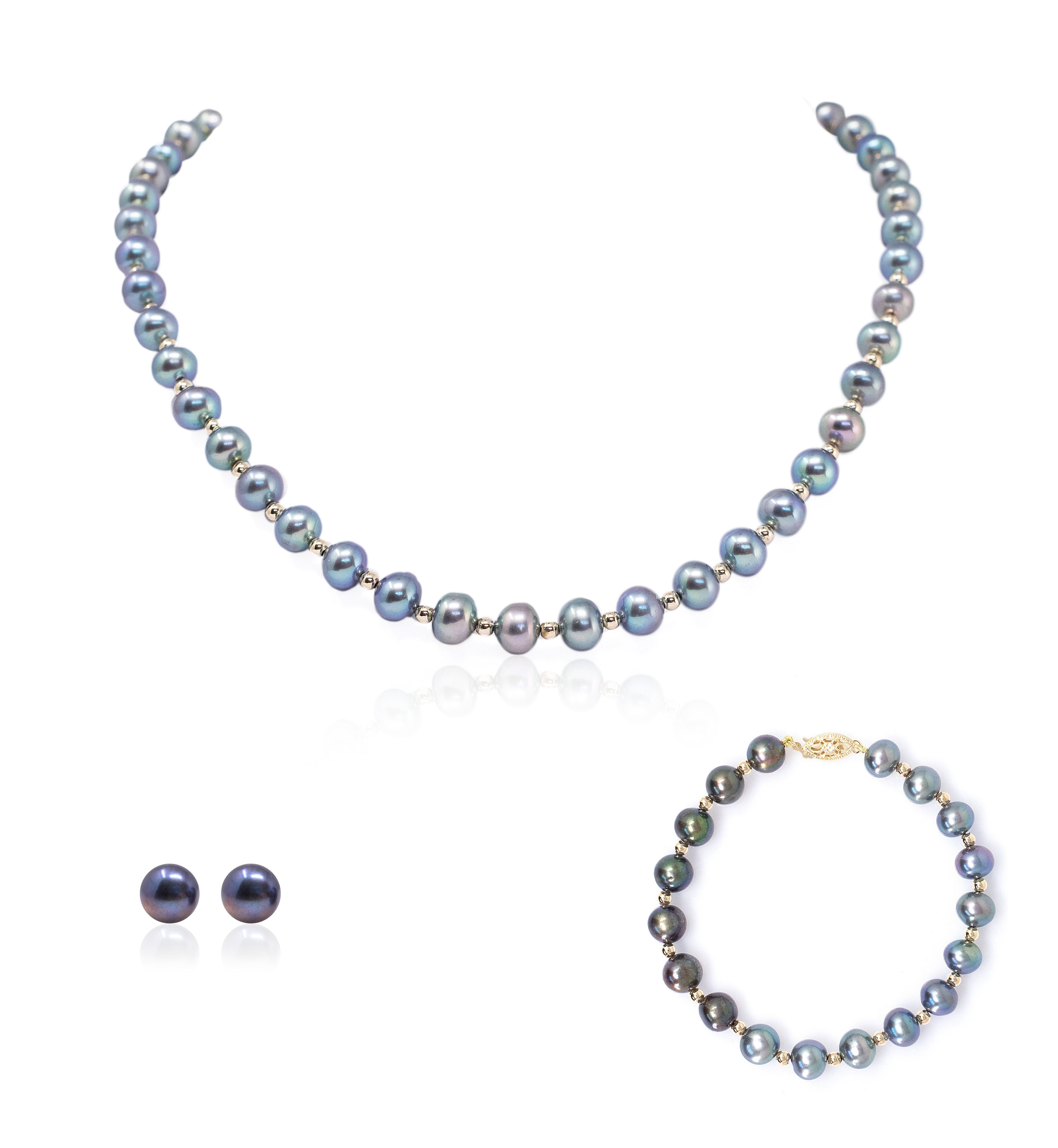 Juego de Collar, Pulsera y Broqueles de Perla Cultivada Tornasol Negra con Cuentas y Broche en Oro de 14K