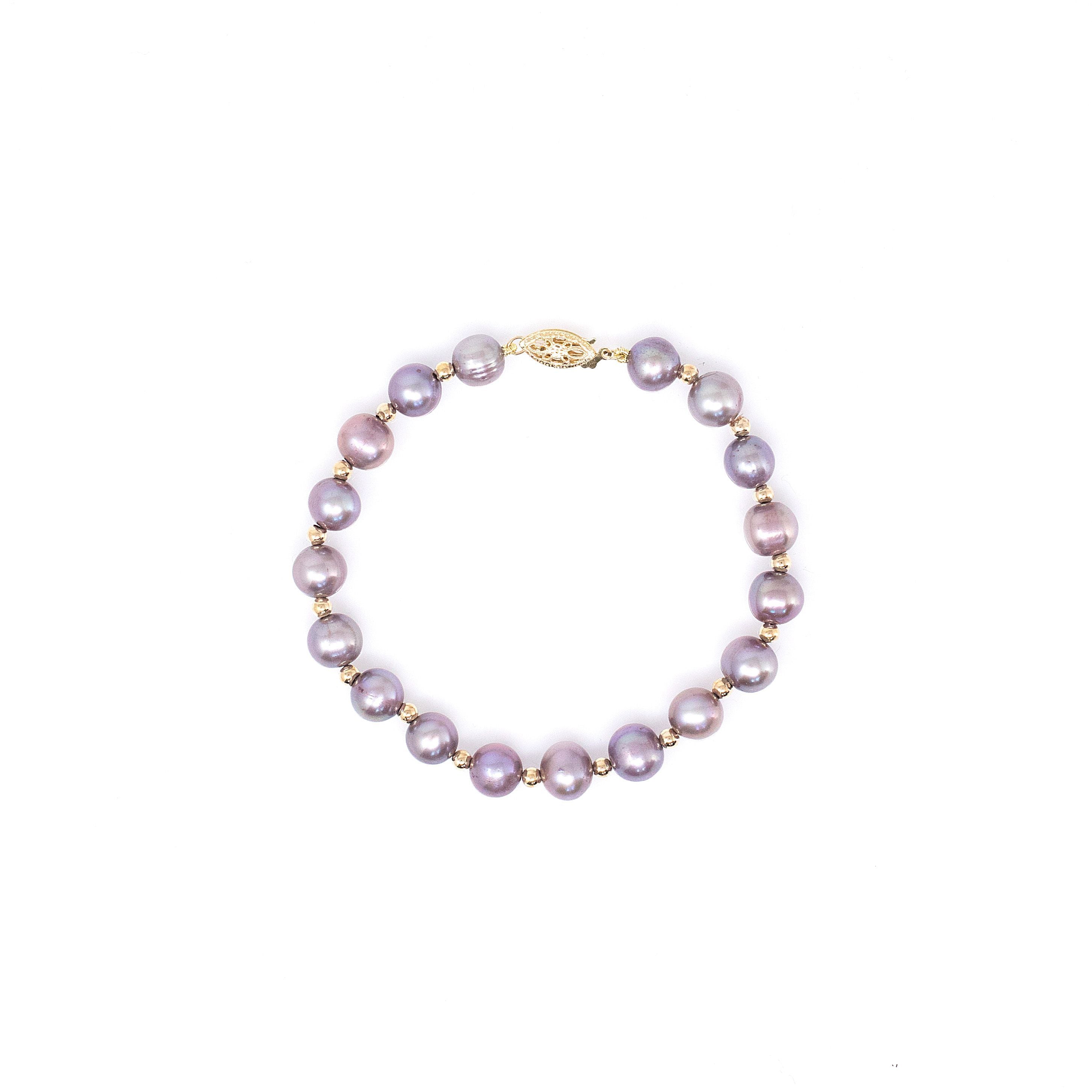 Juego de Collar, Pulsera y Broqueles de Perla Cultivada Violeta con Cuentas y Broche en Oro de 14K