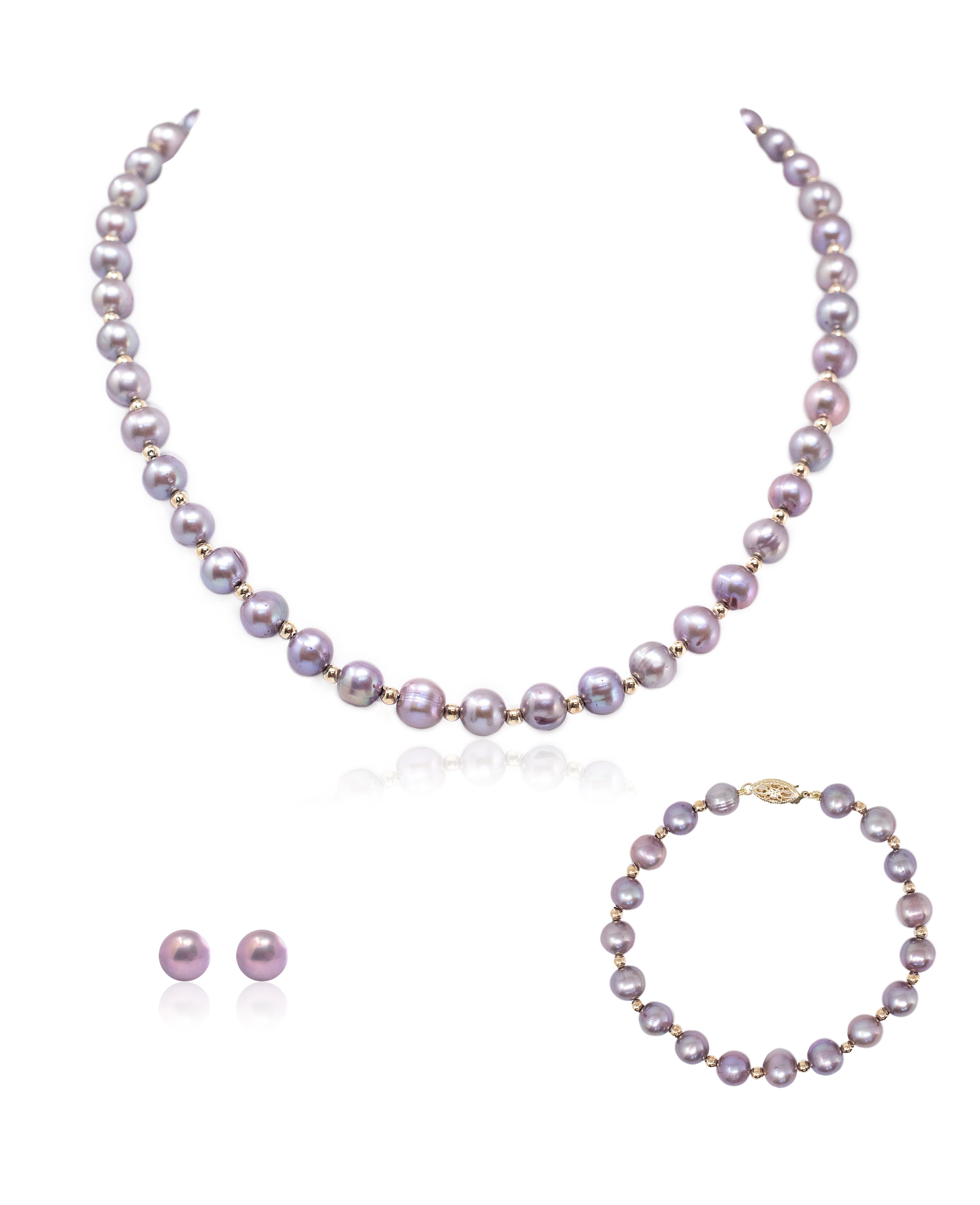 Juego de Collar, Pulsera y Broqueles de Perla Cultivada Violeta con Cuentas y Broche en Oro de 14K